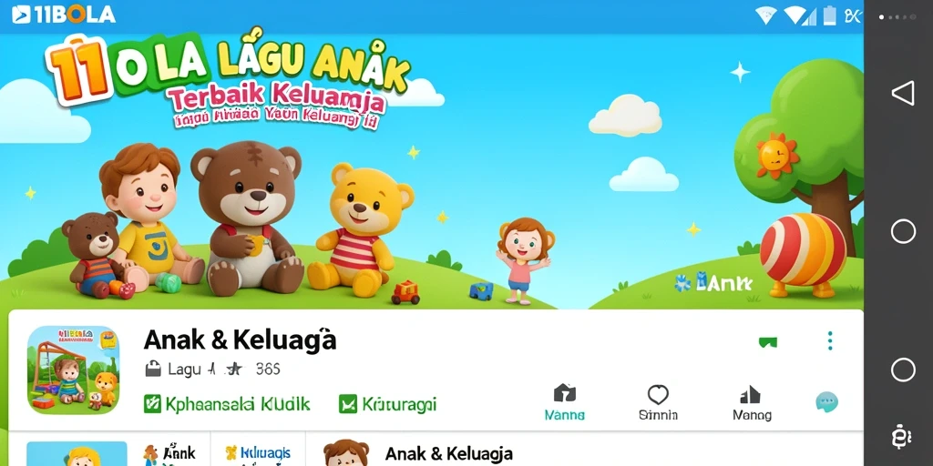 Antarmuka aplikasi 11BOLA dengan lagu anak yang ceria.
