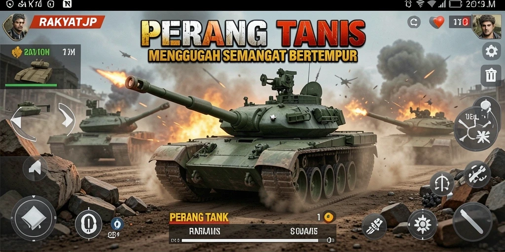 Tampilan utama RAKYATJP dengan tank berperang di medan tempur.